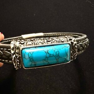 Turquoise Leather and Steel Bracelet